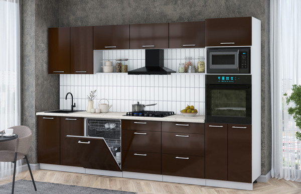 Изображение товара Кухонный гарнитур Интерлиния Мила Gloss 3.2-ПМ1 (шоколад глянец/шоколад глянец/бискайская сосна)