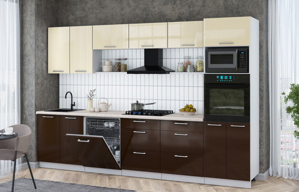 Изображение товара Кухонный гарнитур Интерлиния Мила Gloss 3.2-ПМ1 (шоколад глянец/ваниль глянец/травертин серый)