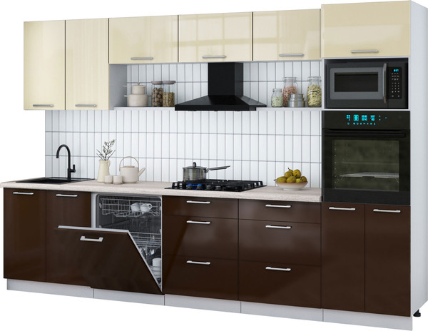 Изображение товара Кухонный гарнитур Интерлиния Мила Gloss 3.2-ПМ1 (шоколад глянец/ваниль глянец/травертин серый)