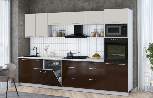 Изображение товара Кухонный гарнитур Интерлиния Мила Gloss 3.2-ПМ1 (шоколад глянец/кашемир/серый каспий)