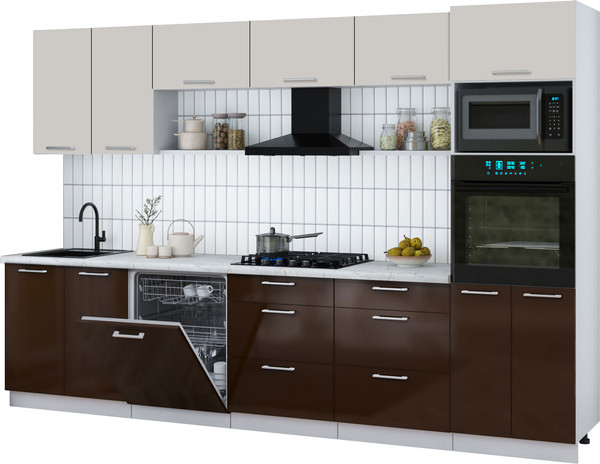 Изображение товара Кухонный гарнитур Интерлиния Мила Gloss 3.2-ПМ1 (шоколад глянец/кашемир/серый каспий)