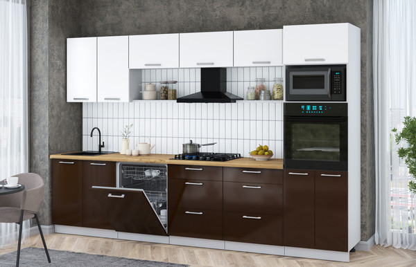 Изображение товара Кухонный гарнитур Интерлиния Мила Gloss 3.2-ПМ1 (шоколад глянец/белый/дуб бунратти)