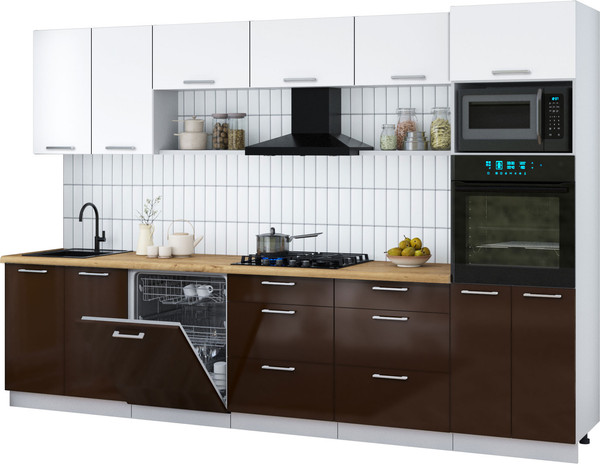 Изображение товара Кухонный гарнитур Интерлиния Мила Gloss 3.2-ПМ1 (шоколад глянец/белый/дуб бунратти)