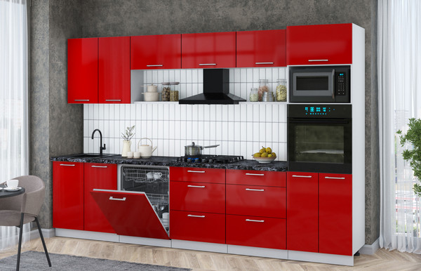 Изображение товара Кухонный гарнитур Интерлиния Мила Gloss 3.2-ПМ1 (красный глянец/красный глянец/кастилло темный)