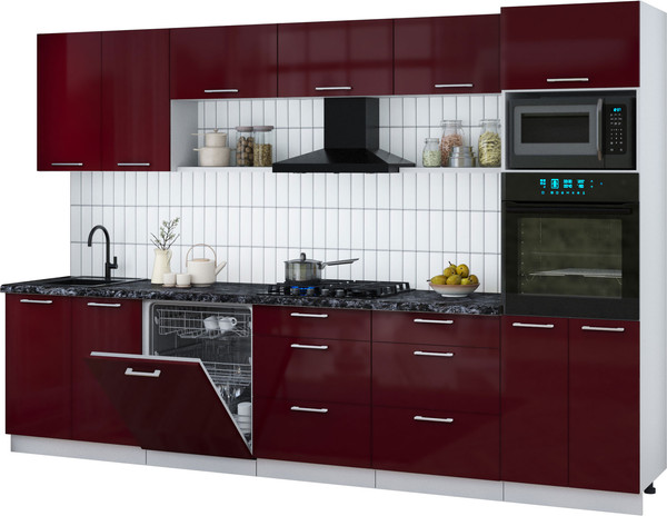 Изображение товара Кухонный гарнитур Интерлиния Мила Gloss 3.2-ПМ1 (бордовый глянец/бордовый глянец/кастилло темный)