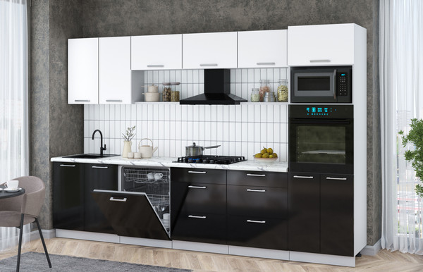 Изображение товара Кухонный гарнитур Интерлиния Мила Gloss 3.2-ПМ1 (черный глянец/белый/белый гранит)