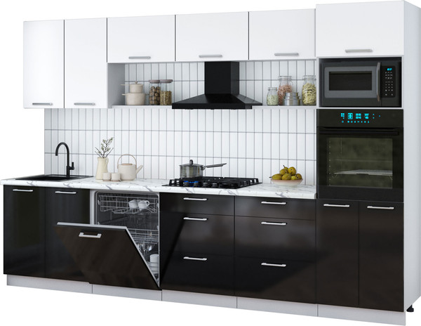 Изображение товара Кухонный гарнитур Интерлиния Мила Gloss 3.2-ПМ1 (черный глянец/белый/белый гранит)
