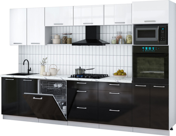 Изображение товара Кухонный гарнитур Интерлиния Мила Gloss 3.2-ПМ1 (черный глянец/белый глянец/белый гранит)