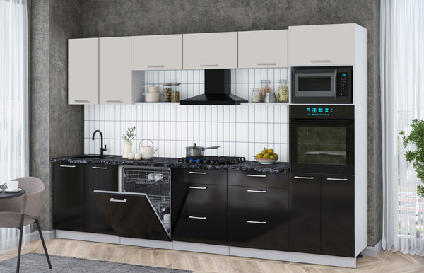 Изображение товара Кухонный гарнитур Интерлиния Мила Gloss 3.2-ПМ1 (черный глянец/кашемир/кастилло темный)