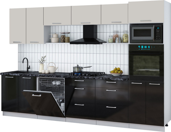 Изображение товара Кухонный гарнитур Интерлиния Мила Gloss 3.2-ПМ1 (черный глянец/кашемир/кастилло темный)