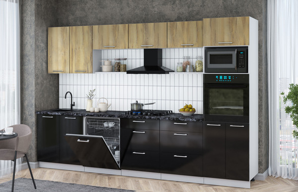 Изображение товара Кухонный гарнитур Интерлиния Мила Gloss 3.2-ПМ1 (черный глянец/дуб вотан/кастилло темный)