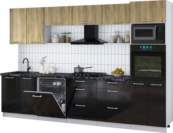 Изображение товара Кухонный гарнитур Интерлиния Мила Gloss 3.2-ПМ1 (черный глянец/дуб вотан/кастилло темный)