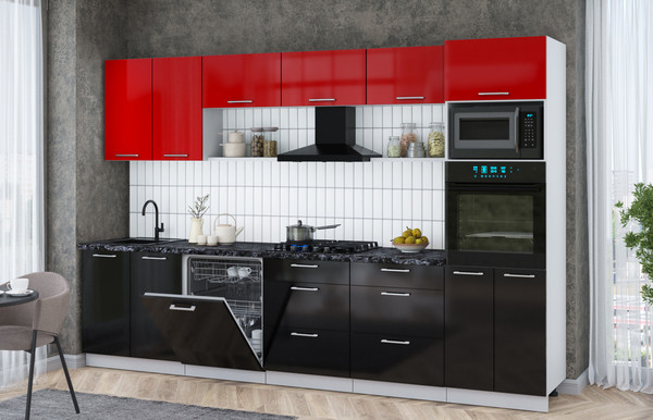 Изображение товара Кухонный гарнитур Интерлиния Мила Gloss 3.2-ПМ1 (черный глянец/красный глянец/кастилло темный)
