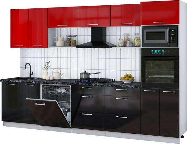 Изображение товара Кухонный гарнитур Интерлиния Мила Gloss 3.2-ПМ1 (черный глянец/красный глянец/кастилло темный)