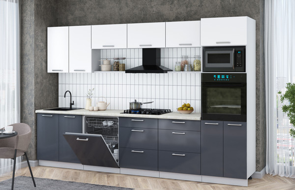 Изображение товара Кухонный гарнитур Интерлиния Мила Gloss 3.2-ПМ1 (асфальт глянец/белый/опал светлый)