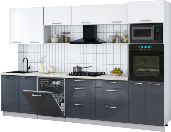 Изображение товара Кухонный гарнитур Интерлиния Мила Gloss 3.2-ПМ1 (асфальт глянец/белый/опал светлый)