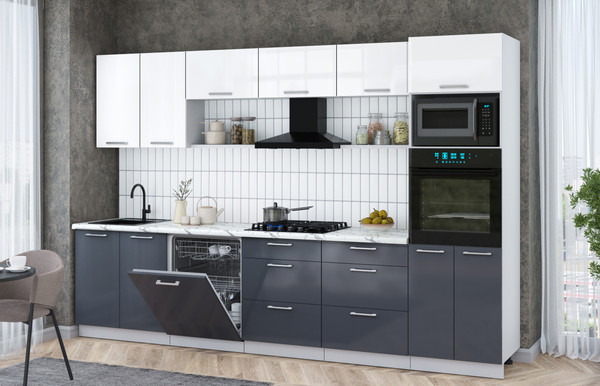 Изображение товара Кухонный гарнитур Интерлиния Мила Gloss 3.2-ПМ1 (асфальт глянец/белый глянец/белый гранит)