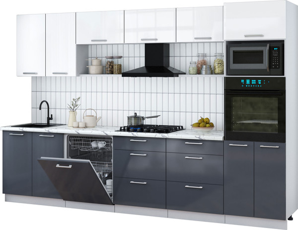 Изображение товара Кухонный гарнитур Интерлиния Мила Gloss 3.2-ПМ1 (асфальт глянец/белый глянец/белый гранит)