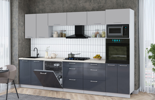 Изображение товара Кухонный гарнитур Интерлиния Мила Gloss 3.2-ПМ1 (асфальт глянец/грей/бискайская сосна)