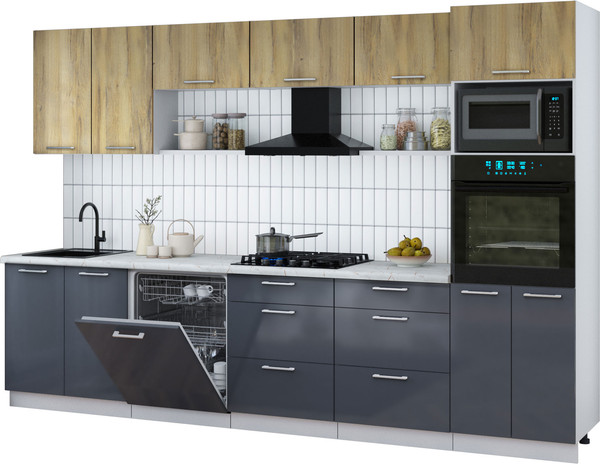 Изображение товара Кухонный гарнитур Интерлиния Мила Gloss 3.2-ПМ1 (асфальт глянец/дуб вотан/серый каспий)