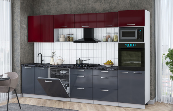 Изображение товара Кухонный гарнитур Интерлиния Мила Gloss 3.2-ПМ1 (асфальт глянец/бордовый глянец/кастилло темный)