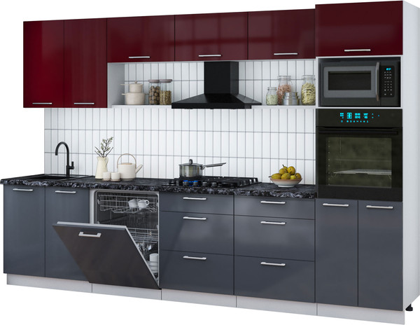 Изображение товара Кухонный гарнитур Интерлиния Мила Gloss 3.2-ПМ1 (асфальт глянец/бордовый глянец/кастилло темный)