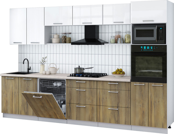 Изображение товара Кухонный гарнитур Интерлиния Мила Gloss 3.2-ПМ1 (дуб вотан/белый глянец/травертин серый)