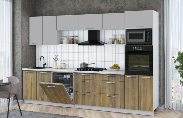 Изображение товара Кухонный гарнитур Интерлиния Мила Gloss 3.2-ПМ1 (дуб вотан/грей/серый каспий)