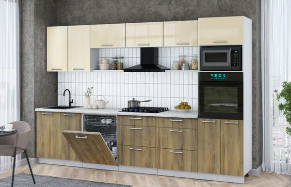 Изображение товара Кухонный гарнитур Интерлиния Мила Gloss 3.2-ПМ1 (дуб вотан/ваниль глянец/серый каспий)