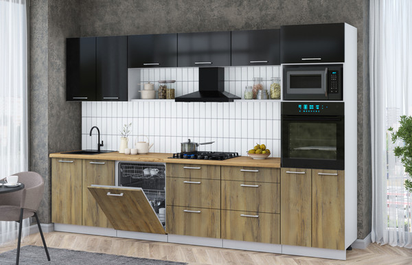 Изображение товара Кухонный гарнитур Интерлиния Мила Gloss 3.2-ПМ1 (дуб вотан/черный глянец/дуб бунратти)