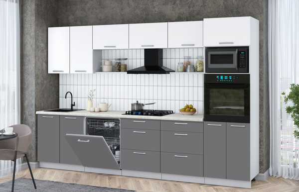 Изображение товара Кухонный гарнитур Интерлиния Мила Gloss 3.2-ПМ1 (серый/белый/опал светлый)