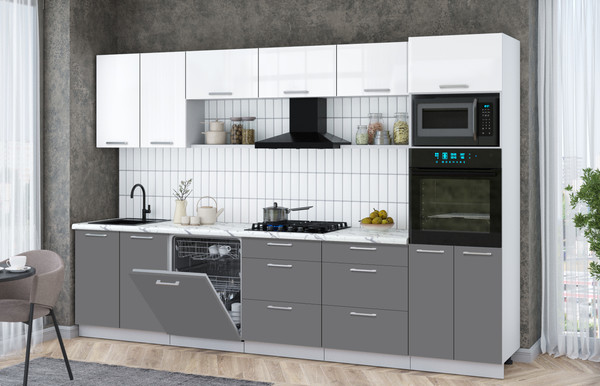 Изображение товара Кухонный гарнитур Интерлиния Мила Gloss 3.2-ПМ1 (серый/белый глянец/белый гранит)