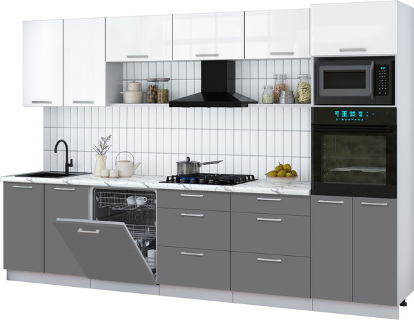 Изображение товара Кухонный гарнитур Интерлиния Мила Gloss 3.2-ПМ1 (серый/белый глянец/белый гранит)