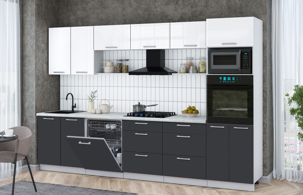 Изображение товара Кухонный гарнитур Интерлиния Мила Gloss 3.2-ПМ1 (пепел/белый глянец/серый каспий)