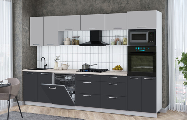 Изображение товара Кухонный гарнитур Интерлиния Мила Gloss 3.2-ПМ1 (пепел/грей/травертин серый)