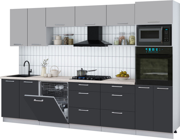 Изображение товара Кухонный гарнитур Интерлиния Мила Gloss 3.2-ПМ1 (пепел/грей/травертин серый)