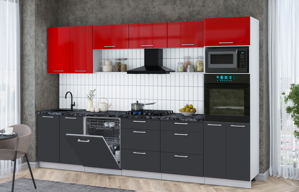 Изображение товара Кухонный гарнитур Интерлиния Мила Gloss 3.2-ПМ1 (пепел/красный глянец/кастилло темный)