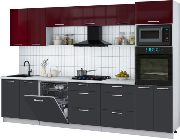 Изображение товара Кухонный гарнитур Интерлиния Мила Gloss 3.2-ПМ1 (пепел/бордовый глянец/серый каспий)