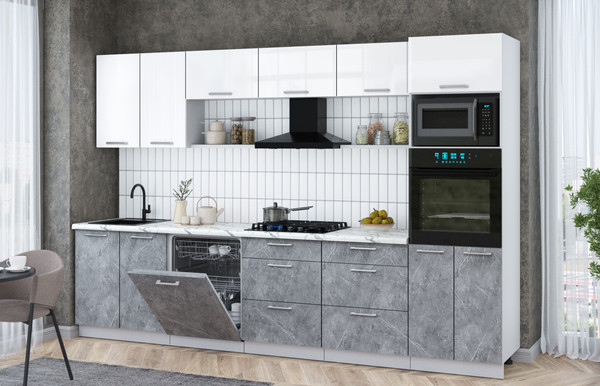 Изображение товара Кухонный гарнитур Интерлиния Мила Gloss 3.2-ПМ1 (керамика/белый глянец/белый гранит)