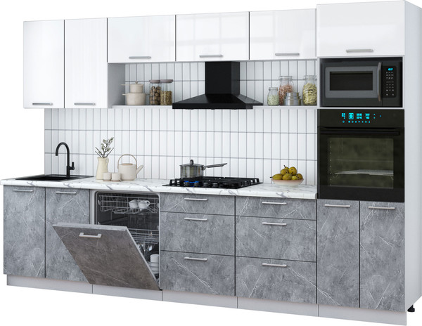 Изображение товара Кухонный гарнитур Интерлиния Мила Gloss 3.2-ПМ1 (керамика/белый глянец/белый гранит)