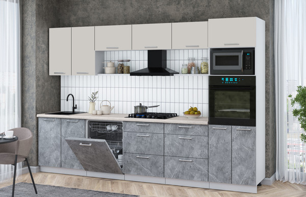 Изображение товара Кухонный гарнитур Интерлиния Мила Gloss 3.2-ПМ1 (керамика/кашемир/травертин серый)