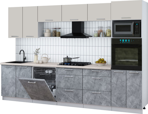 Изображение товара Кухонный гарнитур Интерлиния Мила Gloss 3.2-ПМ1 (керамика/кашемир/травертин серый)