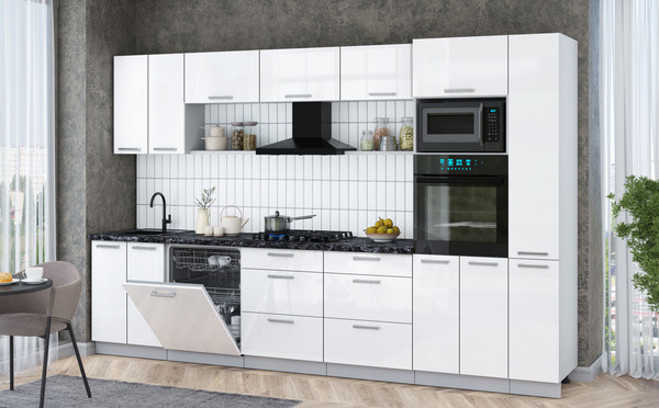 Изображение товара Кухонный гарнитур Интерлиния Мила Gloss 3.3-ПМ1 (белый глянец/белый глянец/кастилло темный)