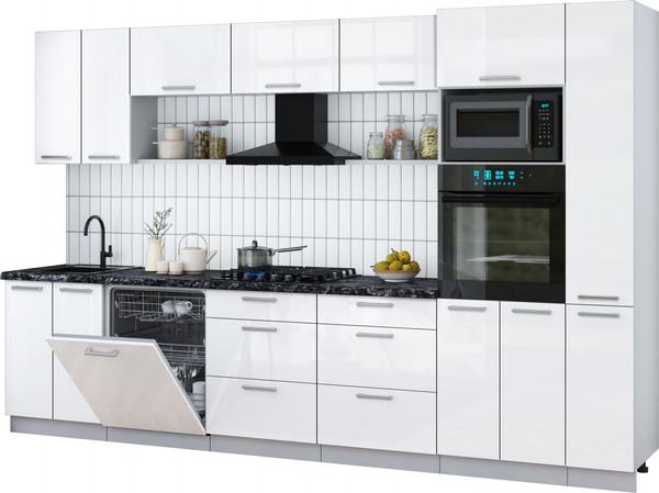 Изображение товара Кухонный гарнитур Интерлиния Мила Gloss 3.3-ПМ1 (белый глянец/белый глянец/кастилло темный)