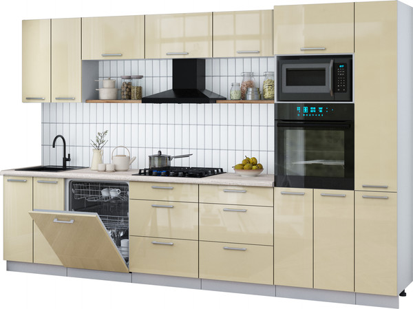 Изображение товара Кухонный гарнитур Интерлиния Мила Gloss 3.3-ПМ1 (ваниль глянец/ваниль глянец/травертин серый)