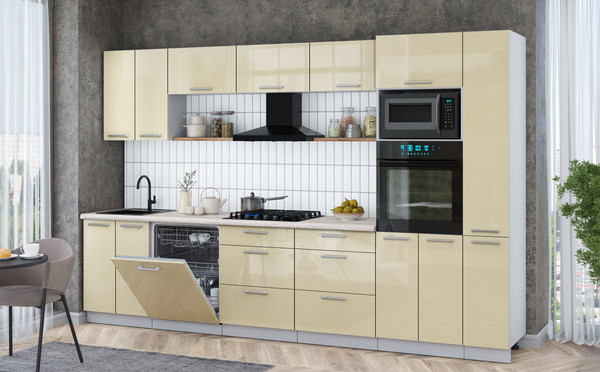 Изображение товара Кухонный гарнитур Интерлиния Мила Gloss 3.3-ПМ1 (ваниль глянец/ваниль глянец/травертин серый)