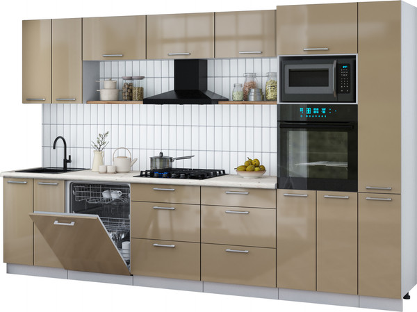 Изображение товара Кухонный гарнитур Интерлиния Мила Gloss 3.3-ПМ1 (капучино глянец/капучино глянец/бискайская сосна)