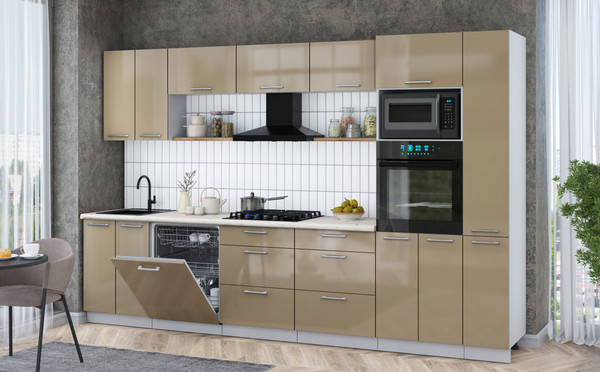 Изображение товара Кухонный гарнитур Интерлиния Мила Gloss 3.3-ПМ1 (капучино глянец/капучино глянец/бискайская сосна)