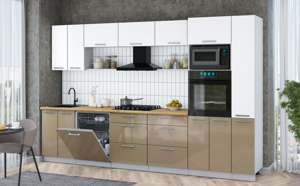 Изображение товара Кухонный гарнитур Интерлиния Мила Gloss 3.3-ПМ1 (капучино глянец/белый/дуб бунратти)