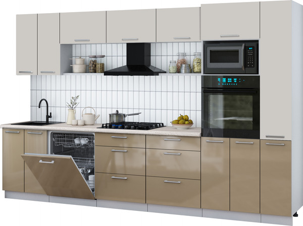 Изображение товара Кухонный гарнитур Интерлиния Мила Gloss 3.3-ПМ1 (капучино глянец/кашемир/травертин серый)